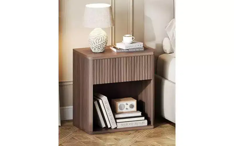 Fluted Wood Nightstand with Storage Drawer and Open Shelf, Mid Century Bed Side Table