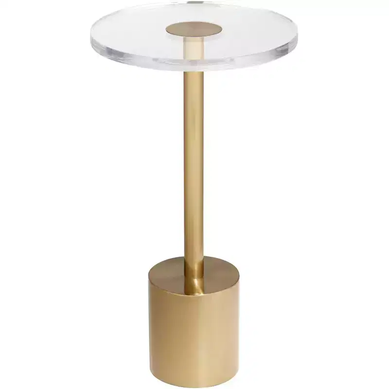11.75in Round Side Table with Brushed Gold Base & Clear Acrylic Top, 20.75in Tall