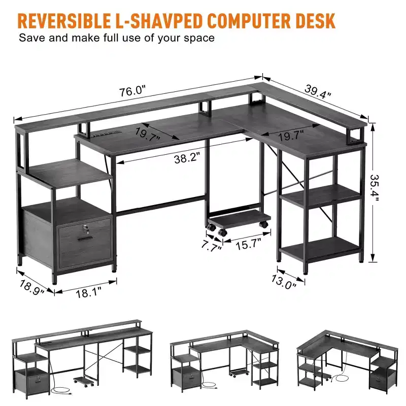 76-Inch L-Shaped Desk with File Drawer, Power Outlet, and Monitor Shelf (Gray)