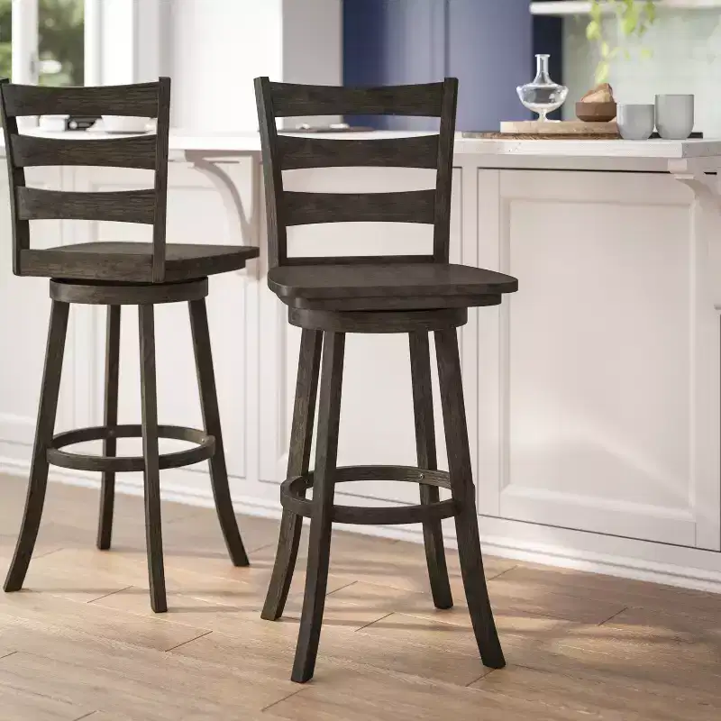 Flash Furniture Liesel Commercial Grade Wooden Classic Ladderback Swivel Bar Height Barstool with Solid Wood Seat