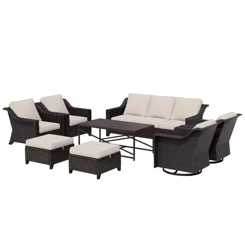 UPTIOT 8-Piece Premium Outdoor Set: 3-Seat Sofa, 2 Single Chairs, 2 Swivel Chairs, 2 Ottomans & Coffee Table