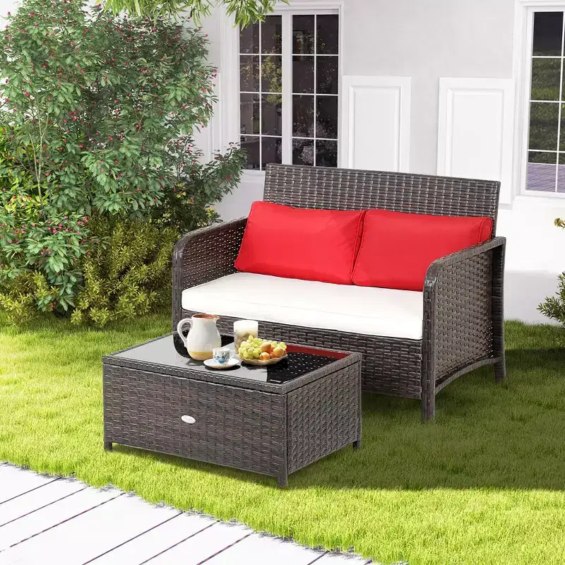 Costway 2PCS Patio Rattan Wicker Love-seat Coffee Table Set Cushioned Bench Garden Deck