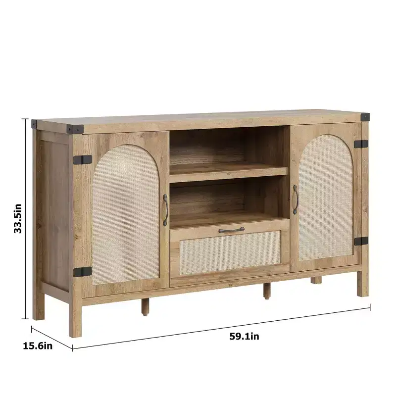 Wood & Rattan Sideboard Cabinet 59.1''W x 18.43''D x 8.07''H