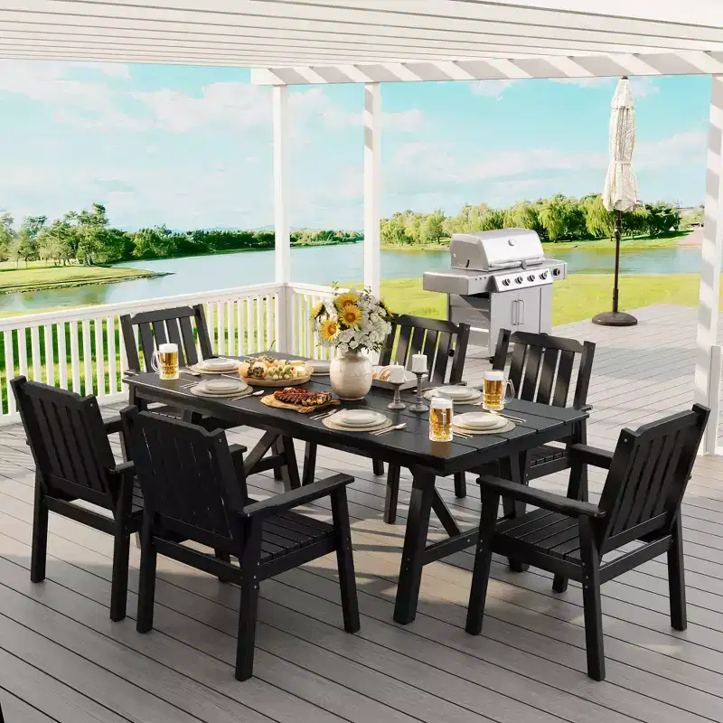 Garvee Outdoor Patio Dining Table Set for 6, 7 Piece HDPE Dining Tables Set with Umbrella Hole, Aluminum Frame, All-Weather 6 Garden Dining Chairs