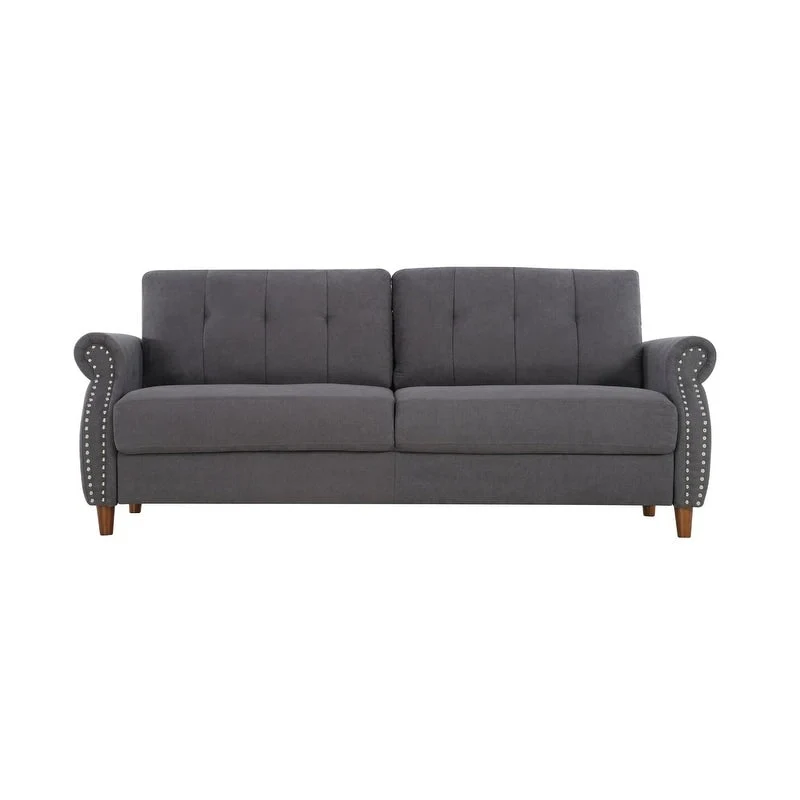 Transitional Button Tufted Sofa – Grey / Beige / Blue / Camel, Nail Head Trim, Rolled Arms, Seats 3