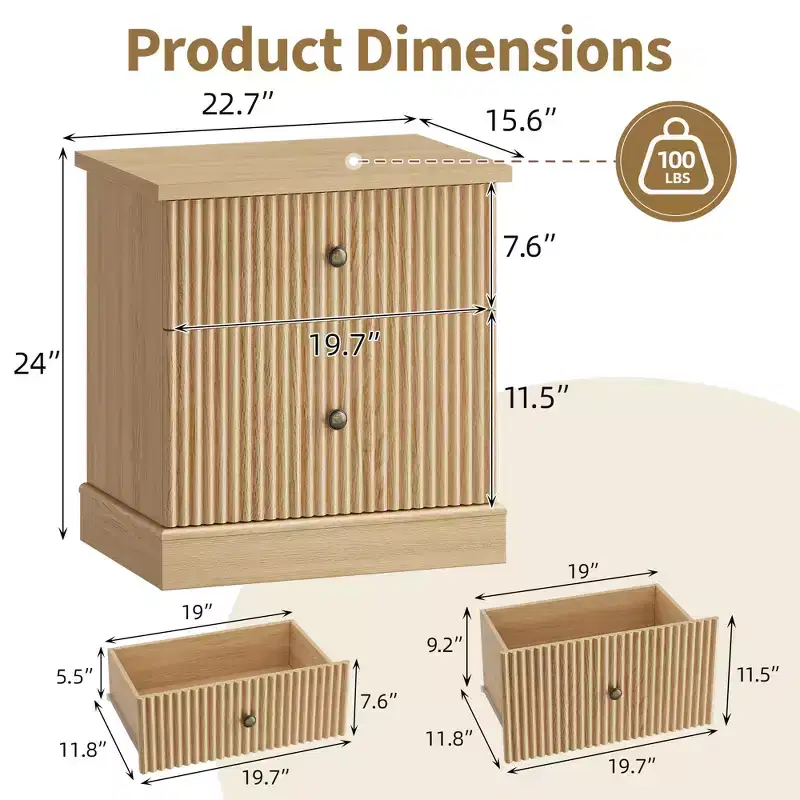 Boho Fluted Nightstand with 2 Drawers, Modern Wood Bedside Table for Small Spaces, Corrugated Accent End Table for Bedroom & Living Room
