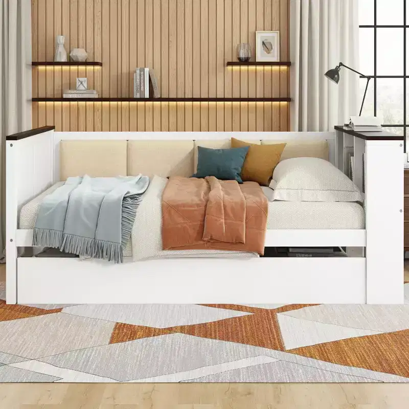 Modern Utility Daybed with Charging Station, Upholstered Backrest & Trundle