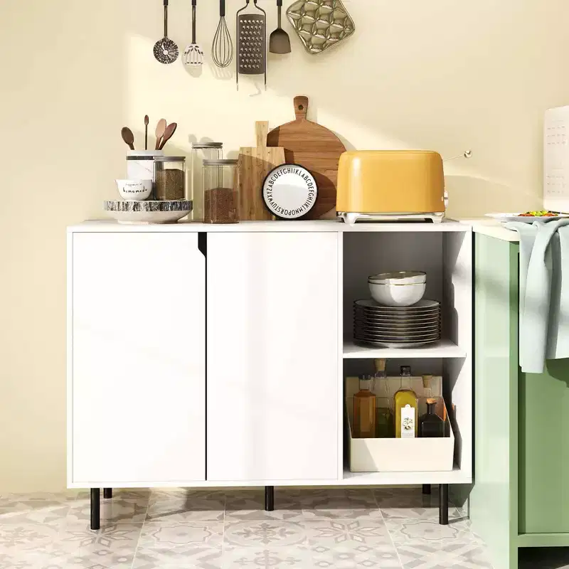 Kitchen Sideboard Buffet with Adjustable Shelves 2 Doors Sturdy Metal Legs White