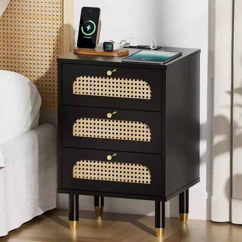Black Rattan Nightstand with Charging Station, 3-Drawer Mid Century Modern Bedside Table