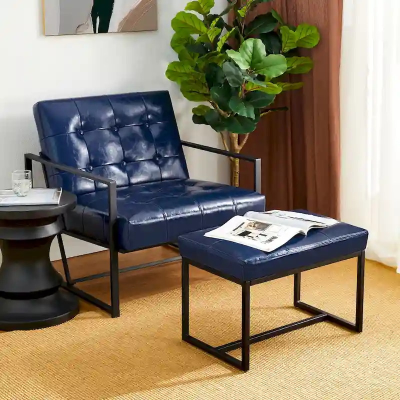 Glitzhome Modern PU Leather Tufted Accent Chair with Ottoman Set
