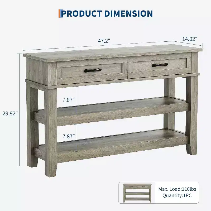 3-Tier Console Table with 2 Drawers, 47