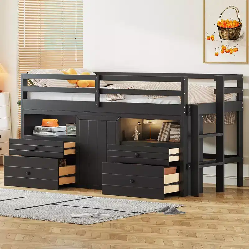 81.8L x 40.8W Modern Design Twin Size Loft Bed with 4 Drawers, Underneath Cabinet and Shelves
