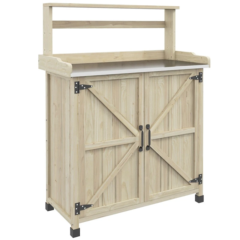 Potting Bench, Wooden Potting Table with Storage Cabinet with 2 Shelves, Garden Work Bench with Galvanized Plated Tabletop