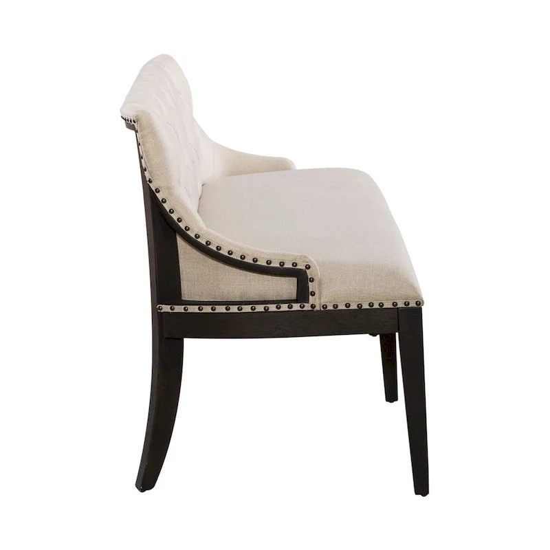 Black Upholstered Shelter Dining Bench with Tufted Back and Nail Head Trim