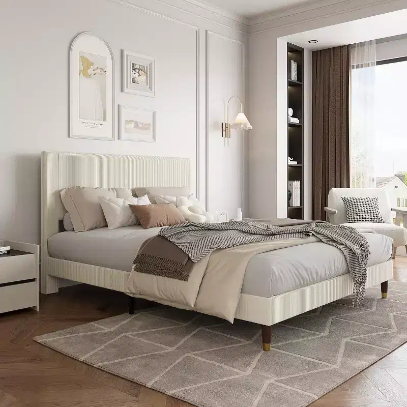 Queen Size Upholstered Platform Bed Frame with Modern Fabric Headboard, Sturdy Metal Frame & Wooden Slats, Noise-Free, No Box Spring Needed, Beige