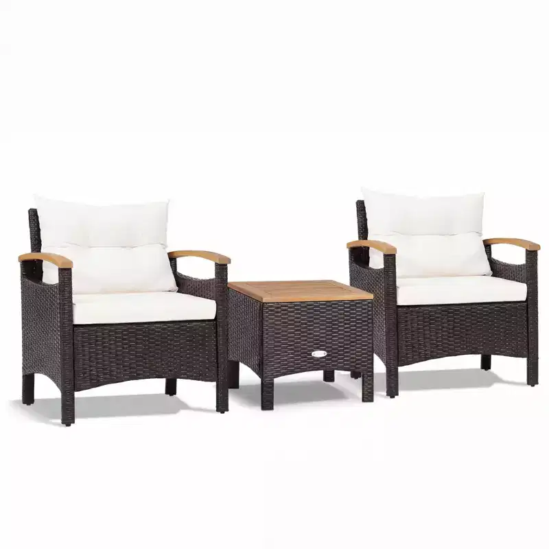 Gymax 3PC Outdoor Bistro Furniture Set w/ Armrests Acacia Wood Tabletop Table White Cushion for Garden Backyard