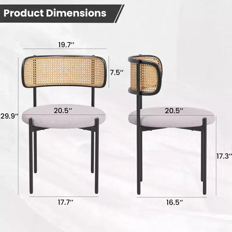 PexFix 4Pcs Modern Upholstered Dining Chairs Rattan Back Dining Room Chairs Accent Kitchen Chairs with Metal Legs Light Gray