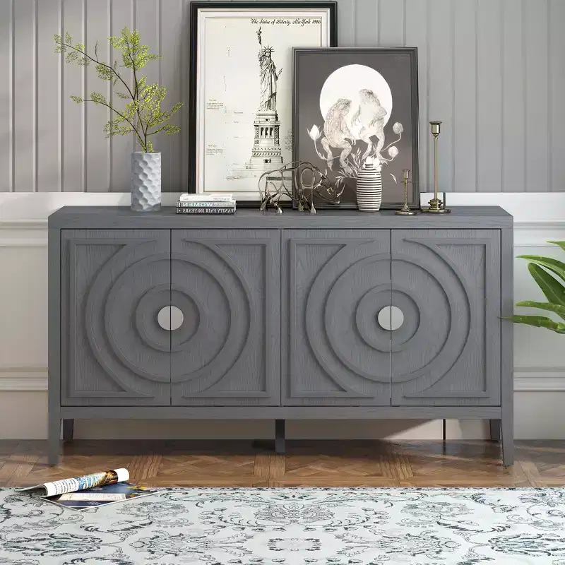 Retro Sideboard Door with Circular Groove Design Round Metal Door Handle for Entrance Dining Room Gray