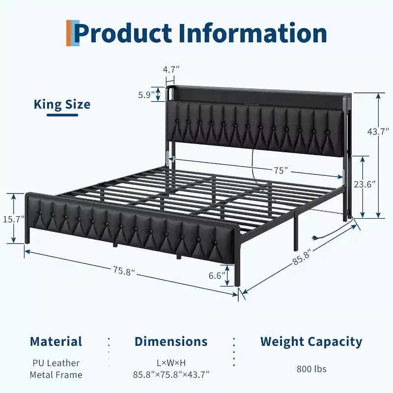 King Bed Frame with Charging Station, All-Metal Platform Bed Frame with Headboard & Footboard, Noise-Free, No Box Spring Needed, Easy Assembly, Black