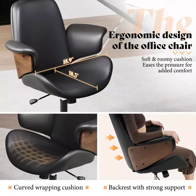 Office Chair with Wheels, PU Leather Swivel Desk Chair, Bentwood Arms, Height Adjustable