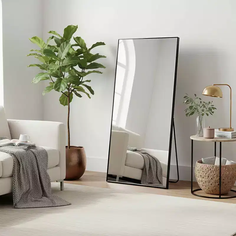 MAYEERTY Aluminum Full-Length Mirror 71x32in, Black, Right Angle, Tempered Glass, With Stand