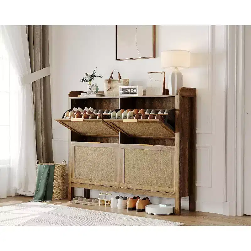 Farmhouse-style rattan shoe cabinet, 47-inch shoe rack with 4 flip-top drawers, freestanding narrow shoe rack with concealed gold handles and shelves