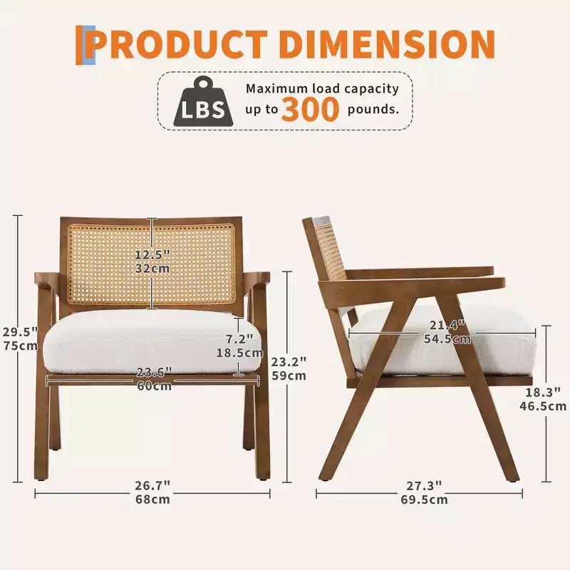 Wood & Rattan Accent Chair with Linen Cushion, 29.5