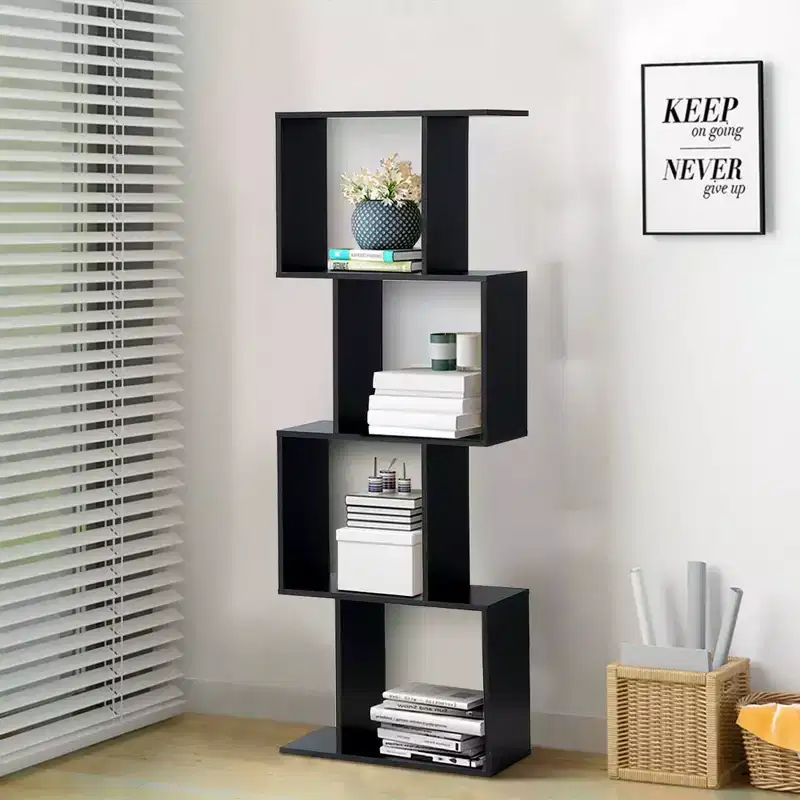 4-Tier S-Shaped Bookcase Free Standing Storage Rack, Black