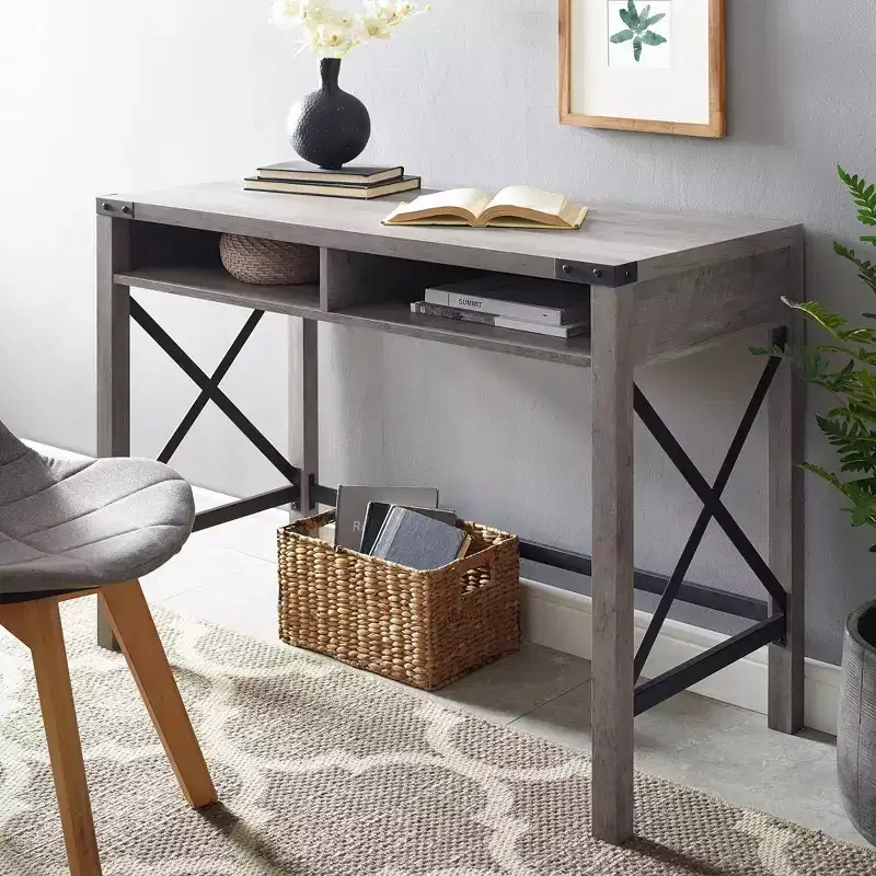 Gray Wash Farmhouse X-Frame Writing Desk with 2 Open Cubbies & Cord Management