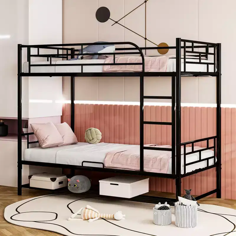 Metal Bunk Bed with Shelf and Guardrails, Bunk Beds Frame for Kids Teens & Adults