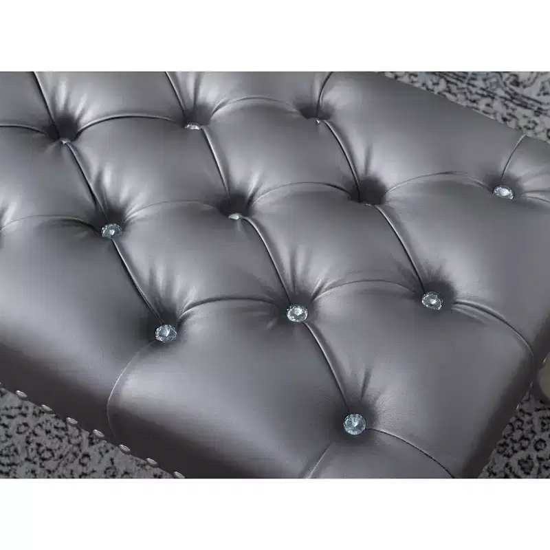 Tufted Faux Leather Ottoman Bench – Champagne, Nailhead Trim, Hardwood Frame, 48 in