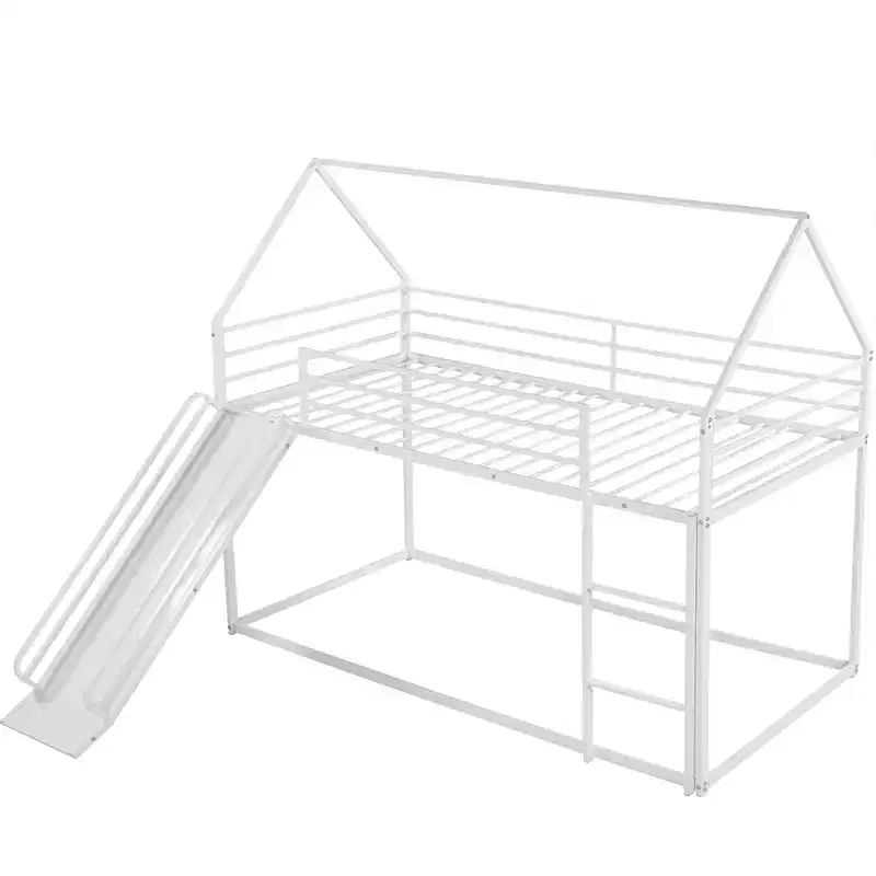 Twin over Twin Metal House Bunk Bed with Convertible Slide and Ladder