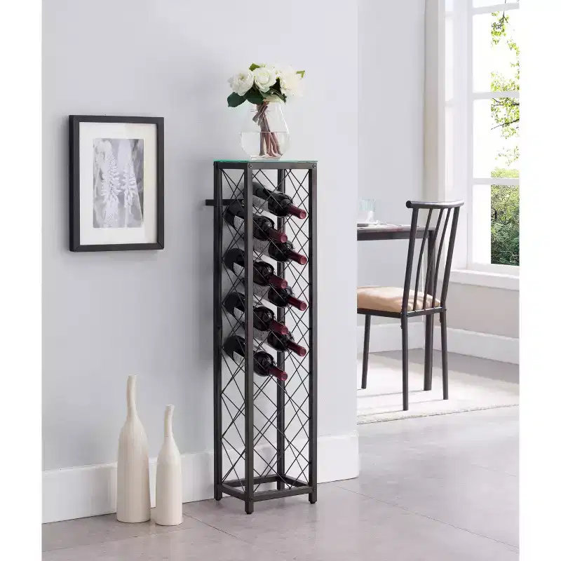 Freestanding Metal Wine Rack Tower with Shelf - Pewter, Holds 13 Bottles