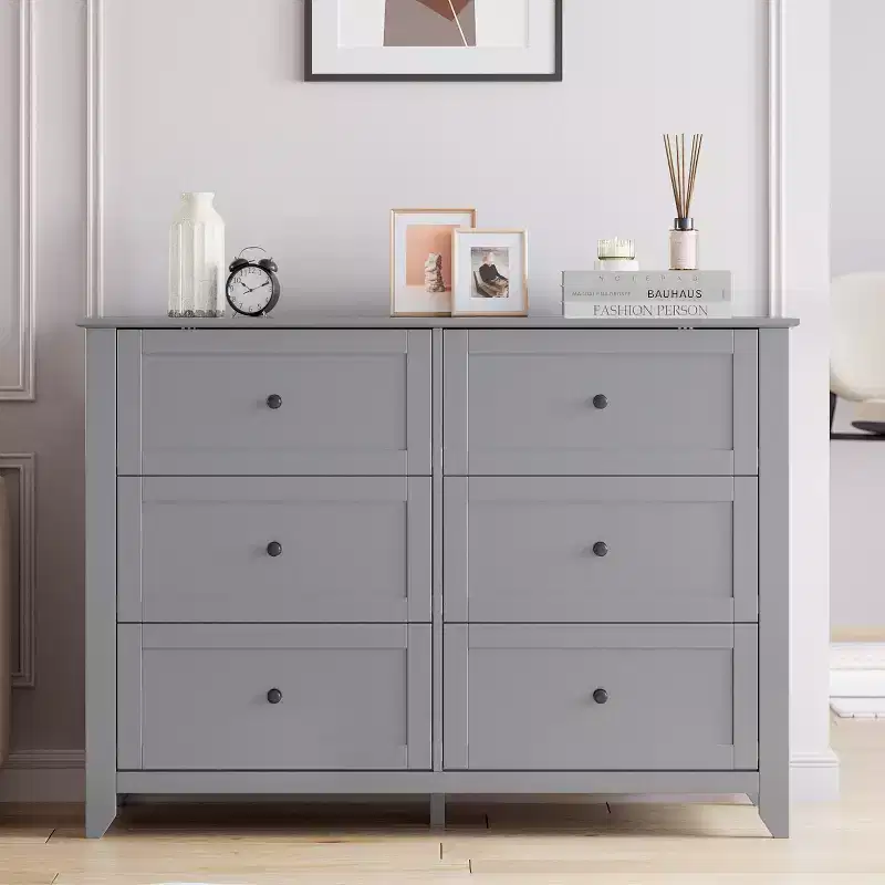GustoWave 6 Drawer Dresser, Modern Chest of Drawers with Round Handle and Sturdy Leg