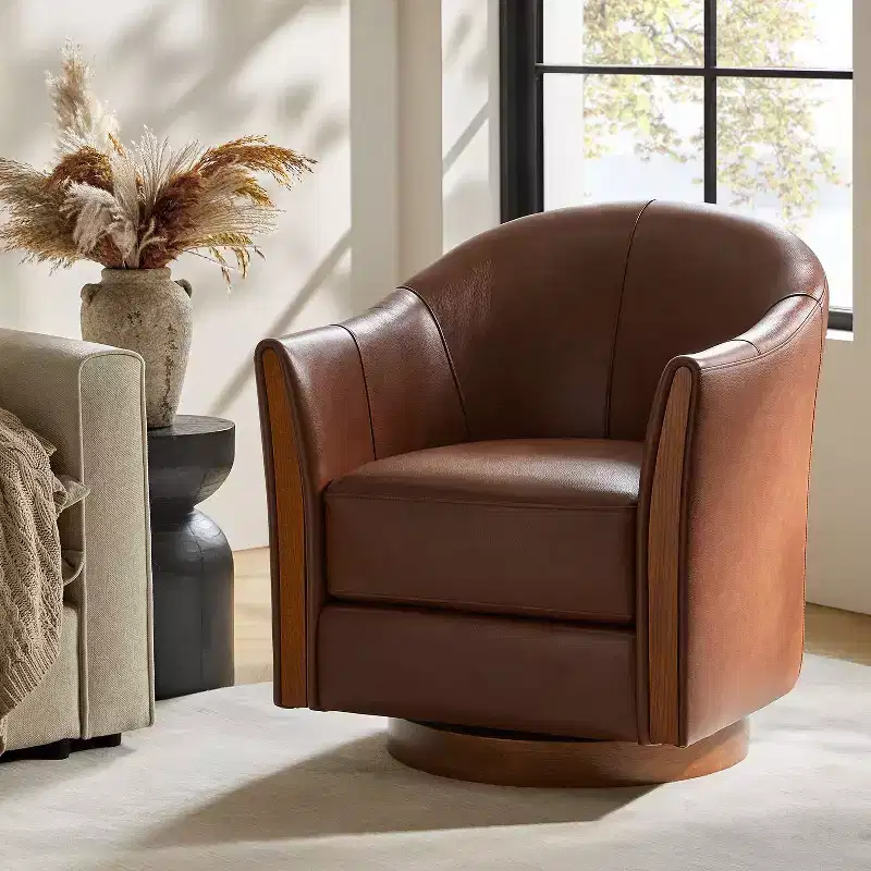 Transitional Genuine Leather Swivel Barrel Chair with Solid Wood Base