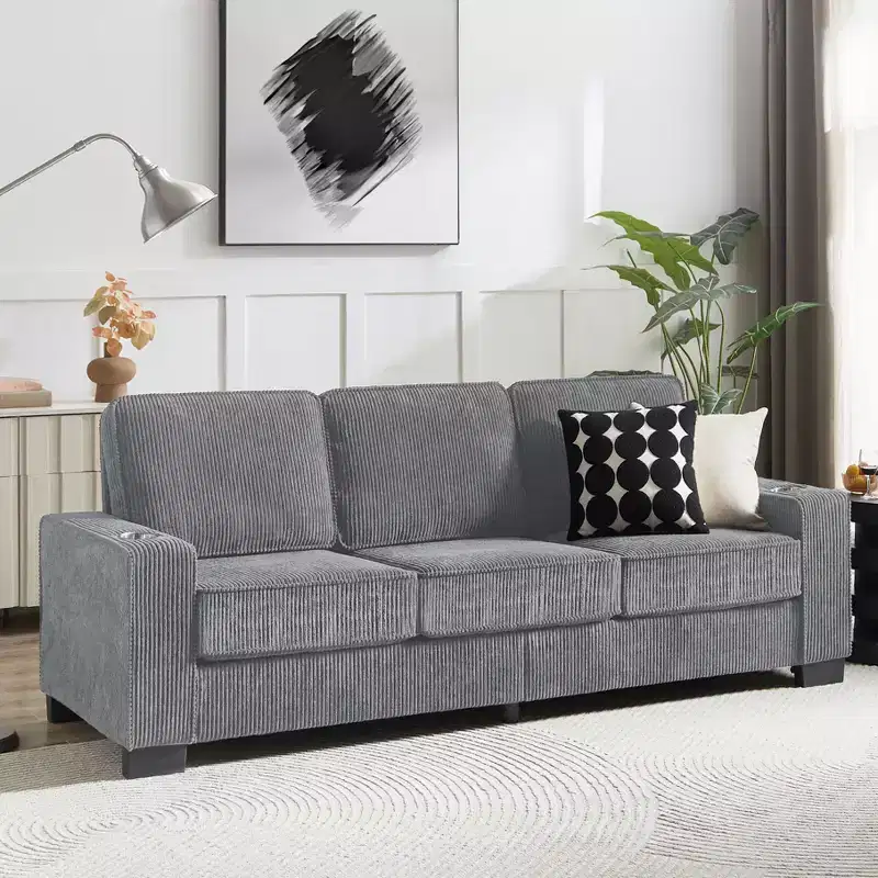 83.86 Inch Modern Corduroy Couch, 3-Seater Sofa with 2 Cup Holders for Living Room, Bedroom, Office and Apartment, Gray