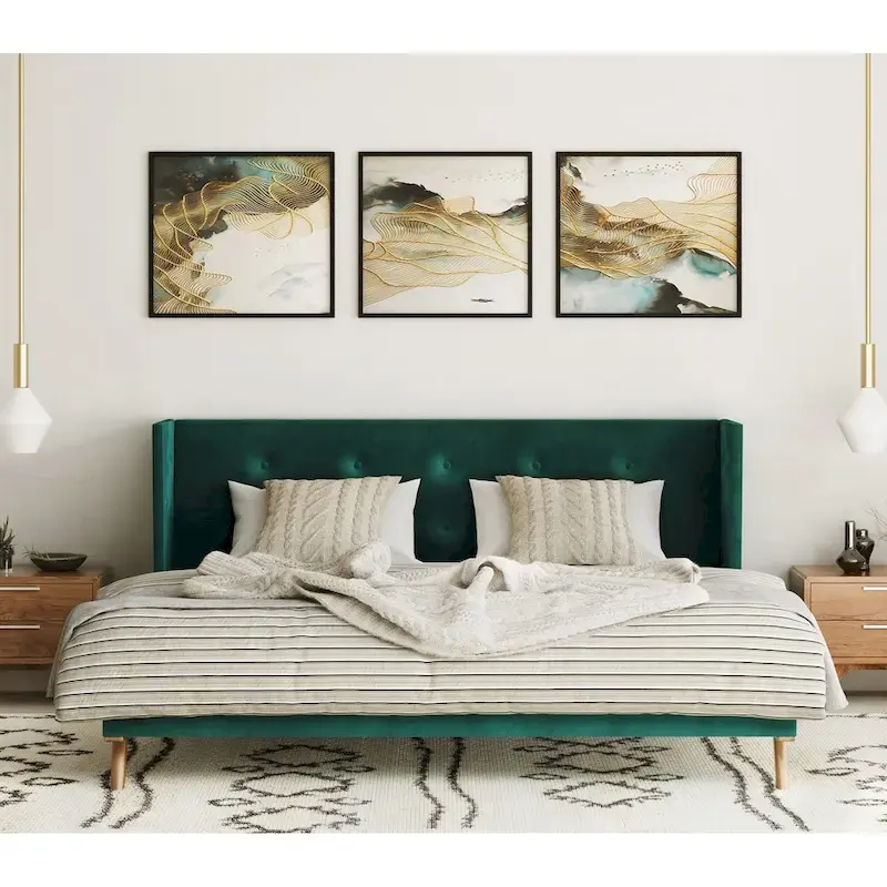 Modern Green Fabric & Walnut Bed
