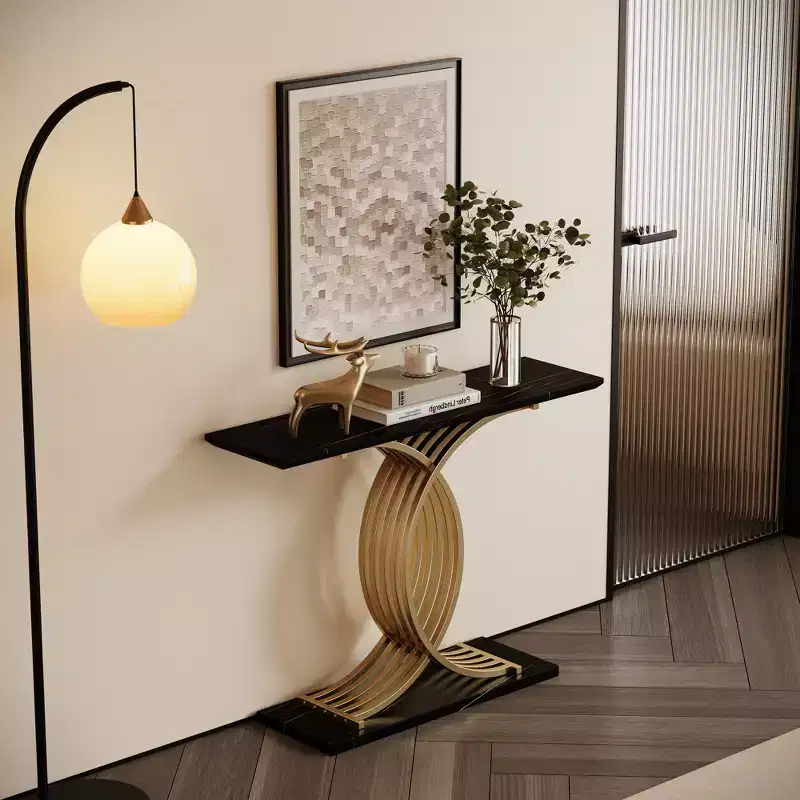 Modern Luxury Console Table with X-Shape Gold Metal Legs – Black Top, 43
