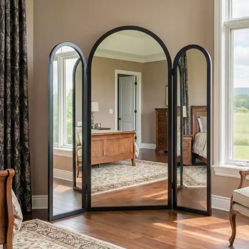 Dovelina 71H*66.5W Tri-Fold Full Length Mirror Arch Leaning Mirror for Living Room Dining Room Entryway Bedroom, Metal/Wood Frame Available