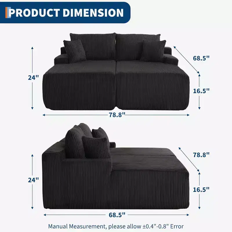 78 Inch Cloud-Like Chaise Loveseat  Oversized Corduroy Upholstered Sleeper Chair for Living Room, No Assembly