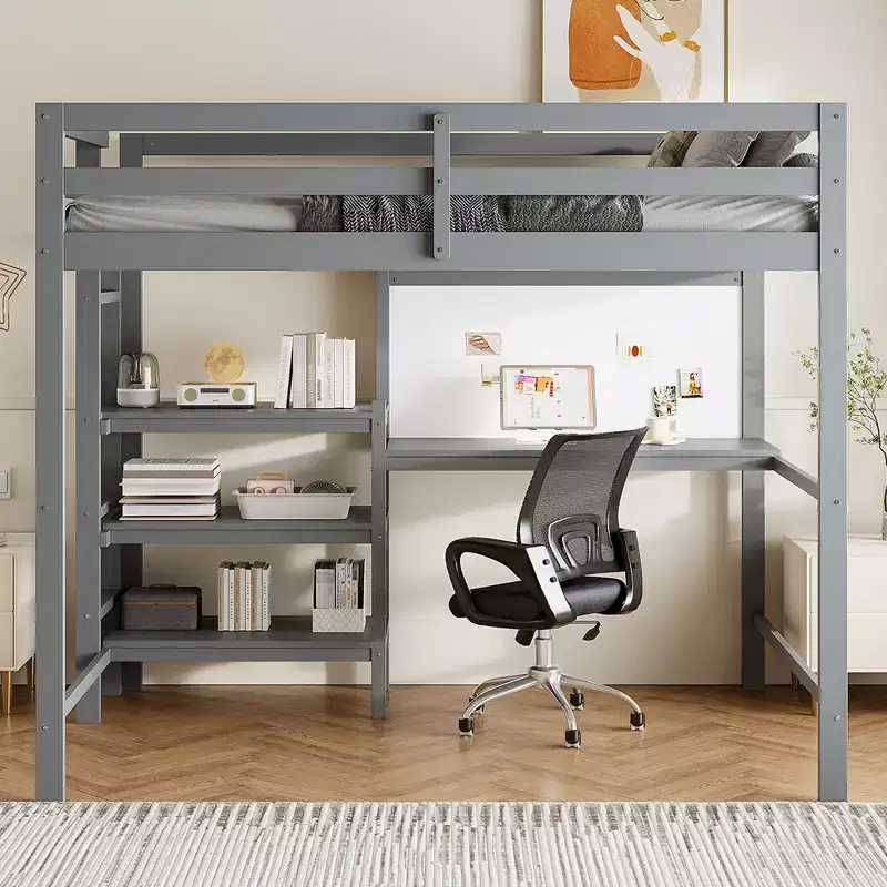 Wooden Loft Bed with Shelves, Desk and Writing Board