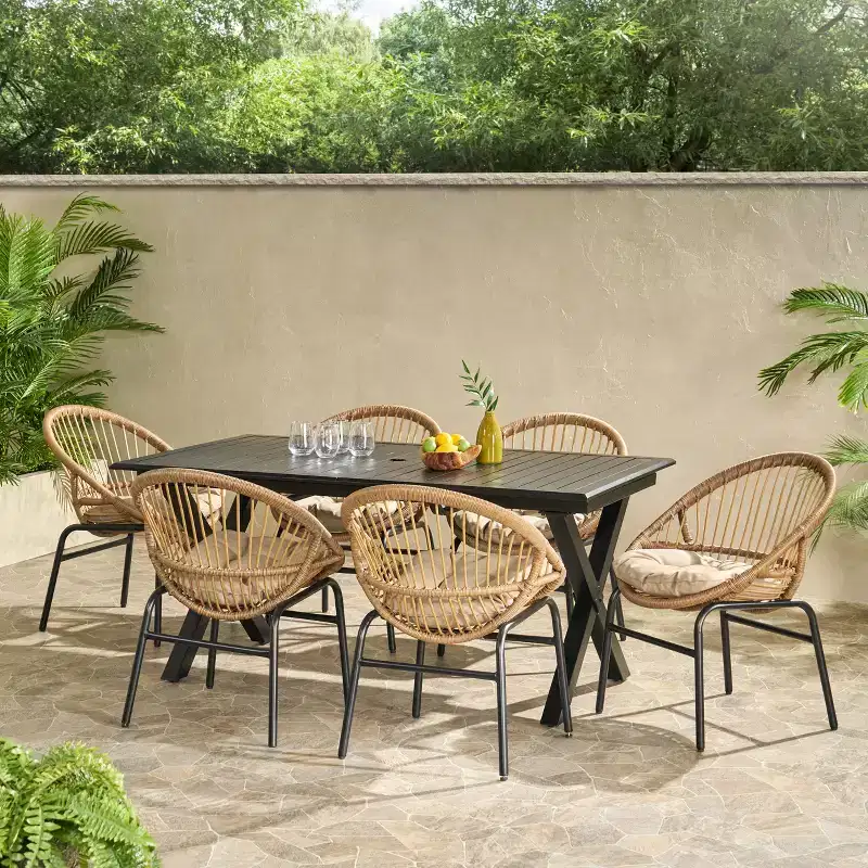 GDFStudio Benway Outdoor Wicker and Aluminum 7 Piece Dining Set with Cushion, Light Brown/Black