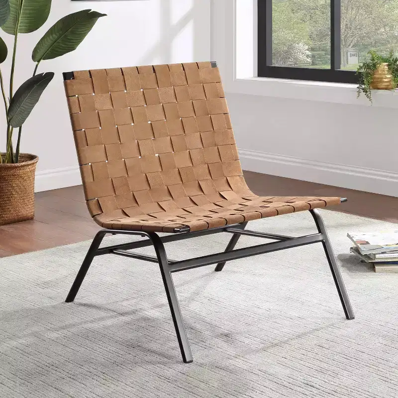 Woven Leather Accent Chair, Brown - Genuine Leather, Metal Frame, Mid-Century Modern