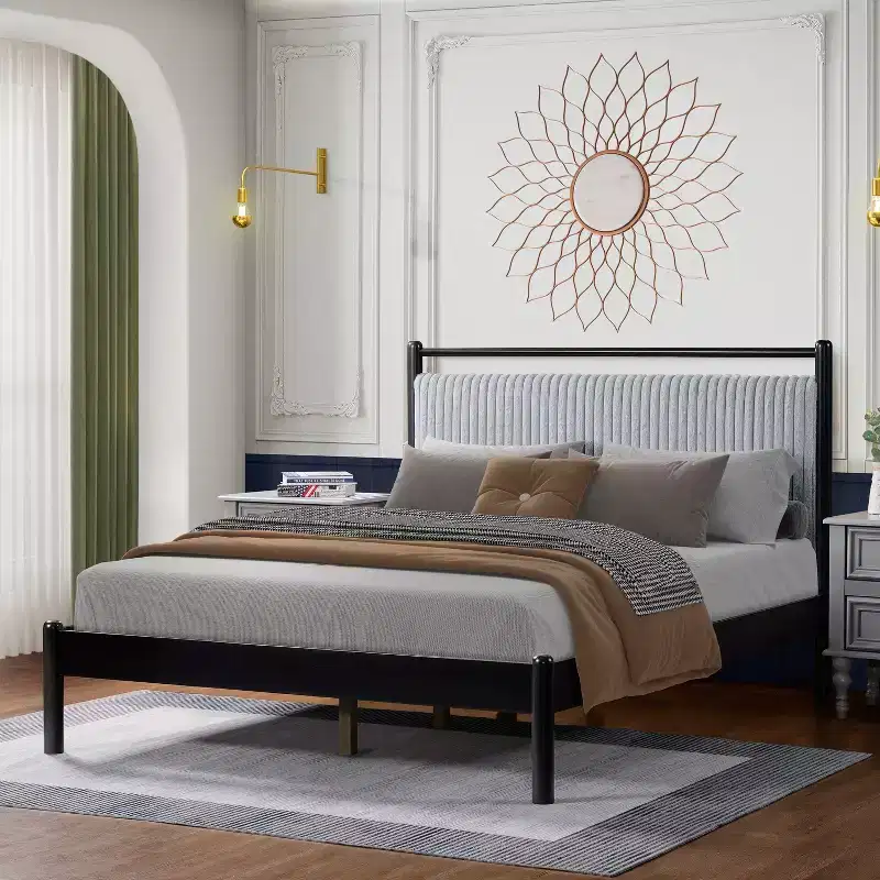 Full/Queen Size Platform Bed Frame with Fluffy Soft Headboard, Black+Gray-ModernLuxe