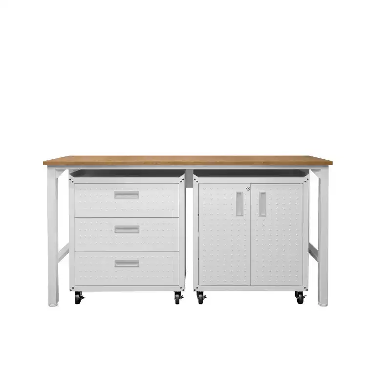 Manhattan Comfort Fortress 3pc Mobile Space Saving Garage Cabinet and Worktable Set 3.0 White