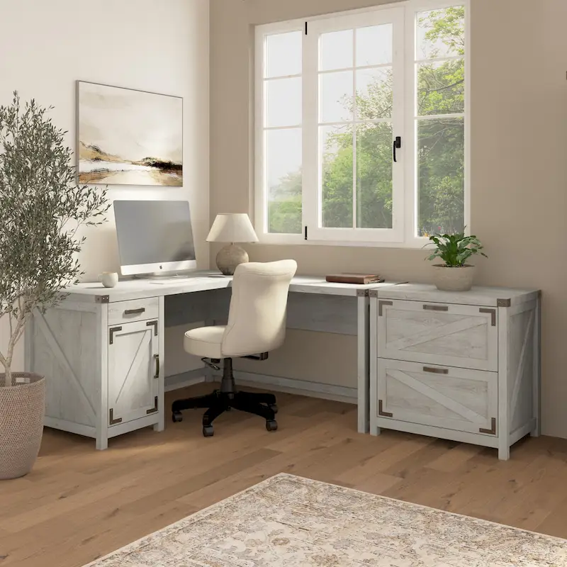 L-Shaped Corner Desk with 2-Drawer File Cabinet – Restored Gray / Reclaimed Pine / Cottage White
