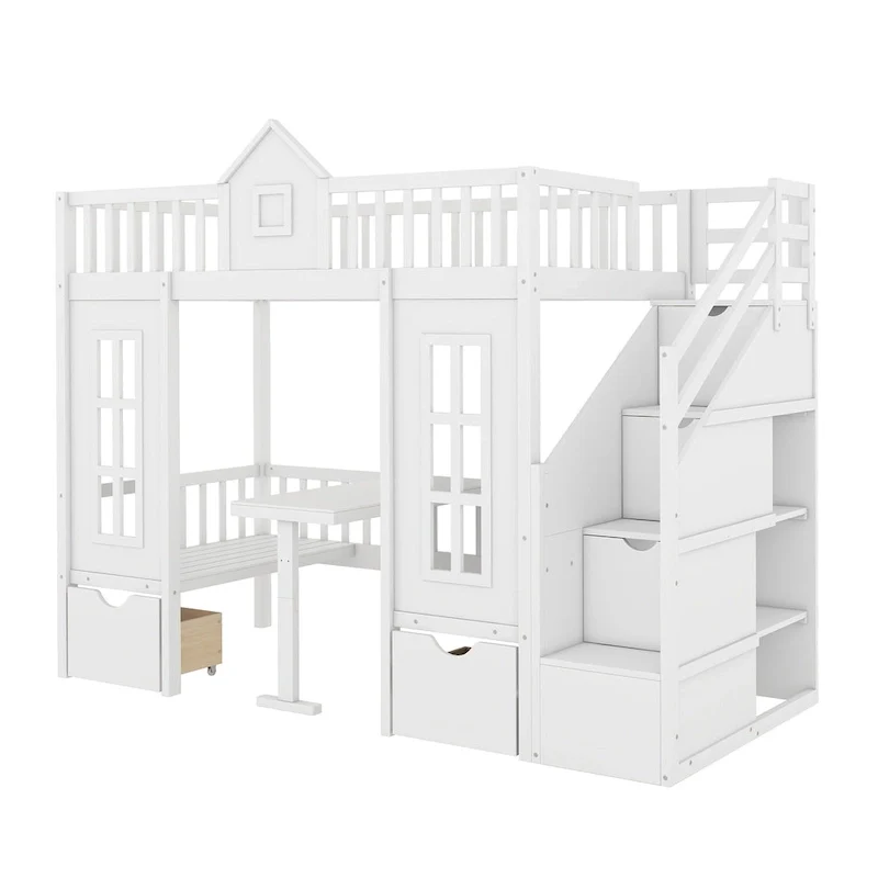 Twin Over Twin Bunk Bed with Convertible Desk - Gray