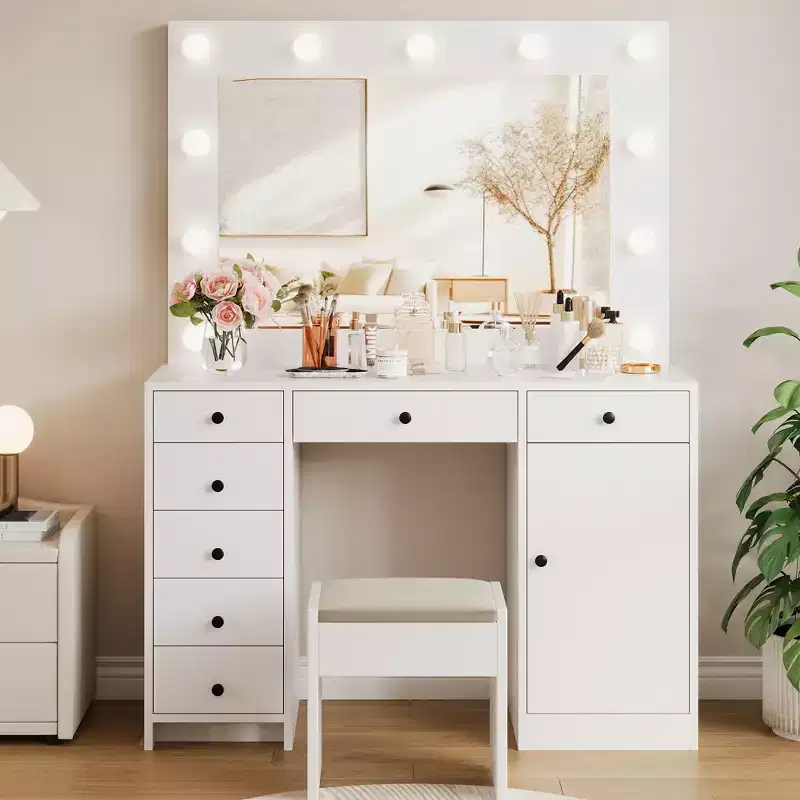 White Vanity Desk with Mirror and Light, Makeup Vanity Table with Charging Station, Storage Drawer Cabinet, Modern Wooden Dressing Table for Bedroom