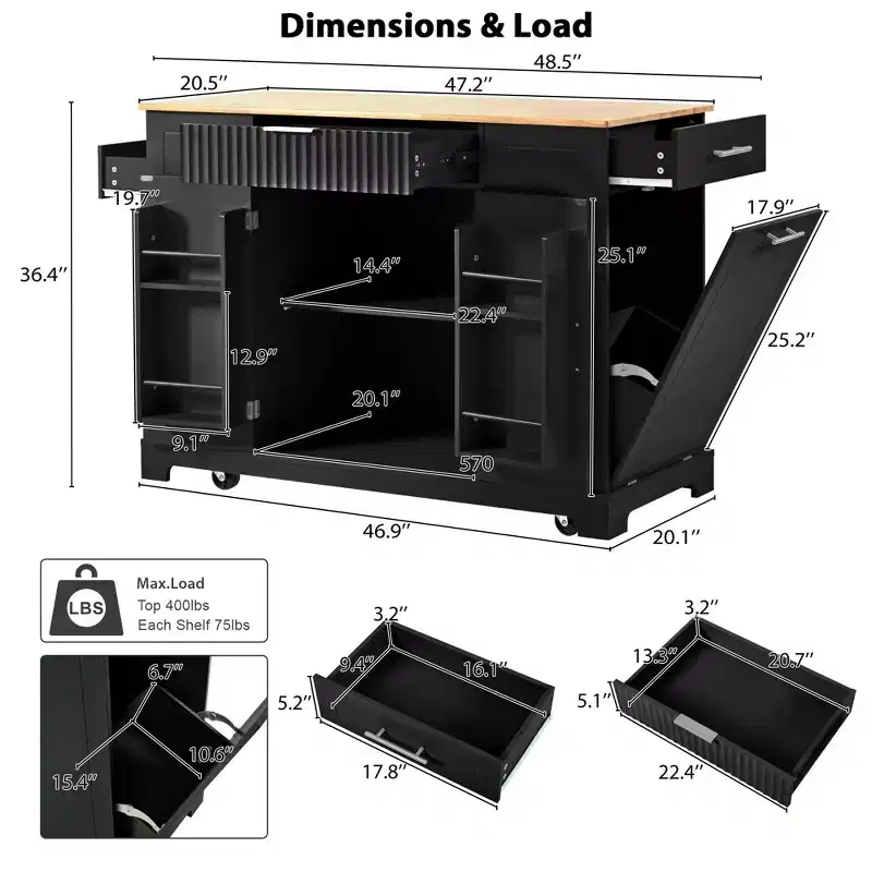 Whisen Classic Style Kitchen Islands on 5 Wheels with 3 Drawer and 3 Open Side Racks