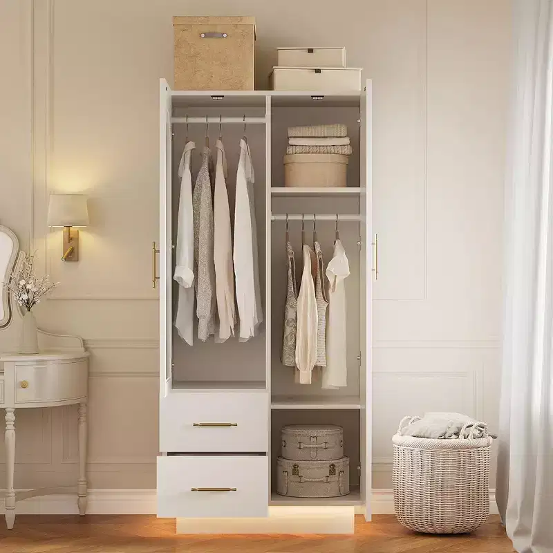 COZONY White Armoires, 2 Door Storage Cabinet with Glass Door and Drawers, Tall Wooden Organizer with Hanging Rods